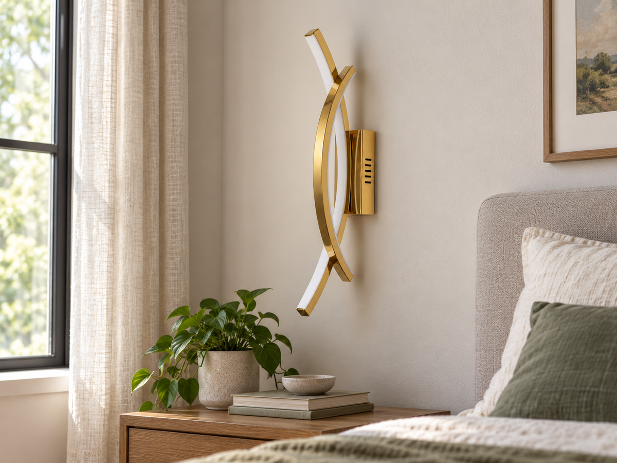 Applique murale barres cerclées imbriquées dorée dans une chambre