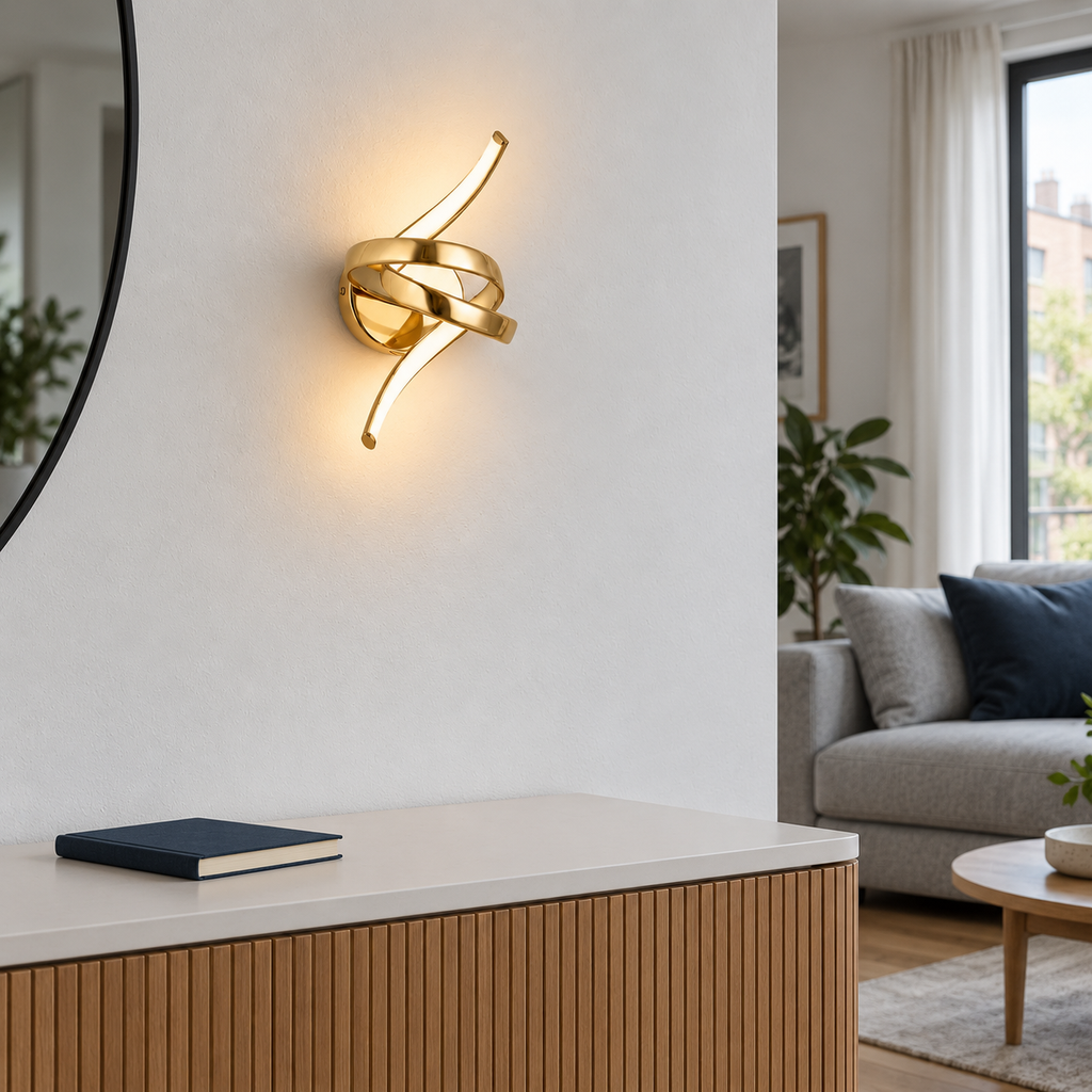 Applique murale nœud LED doré dans un salon contemporain