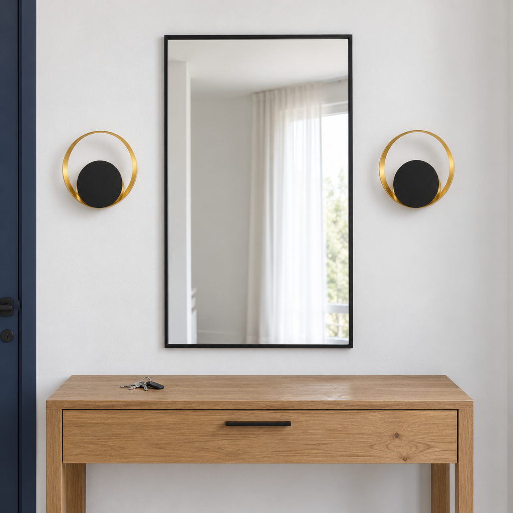 Deux appliques murales cercle doré et disque noir encadrant un miroir
