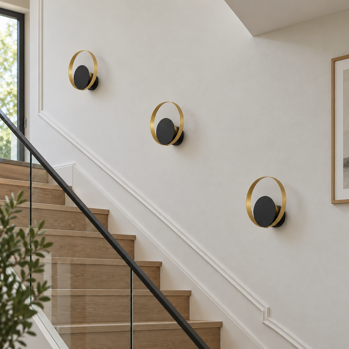 Appliques murales cercle doré et disque noir dans un escalier