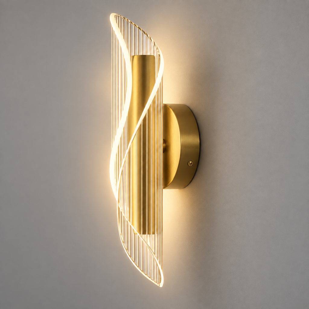 Applique murale vague acrylique dorée LED allumée