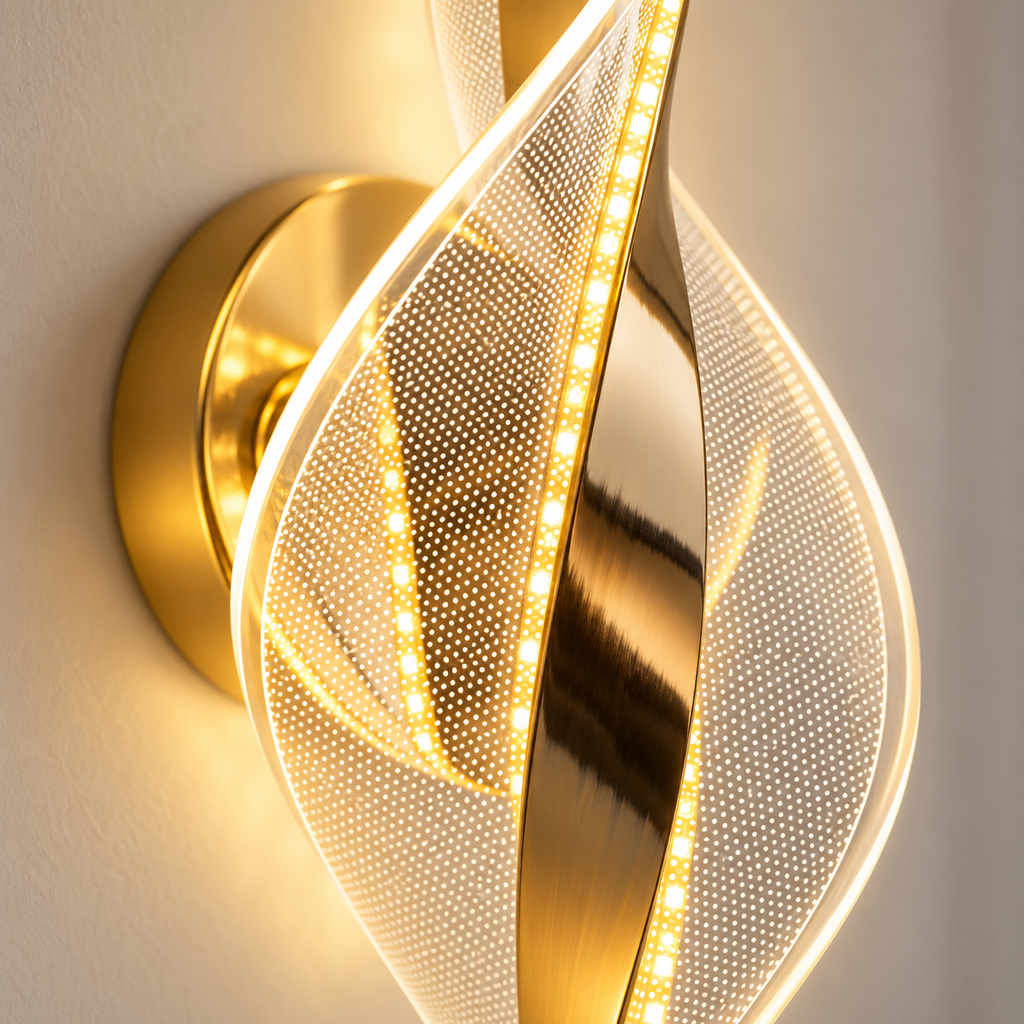 Applique murale spirale LED dorée, détail de la LED
