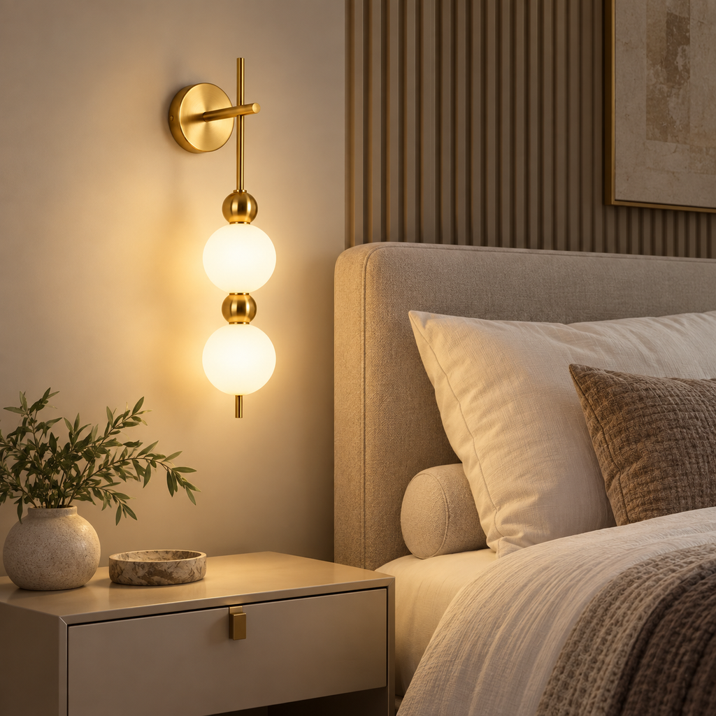 Applique murale globes opale cuivrée dans une chambre