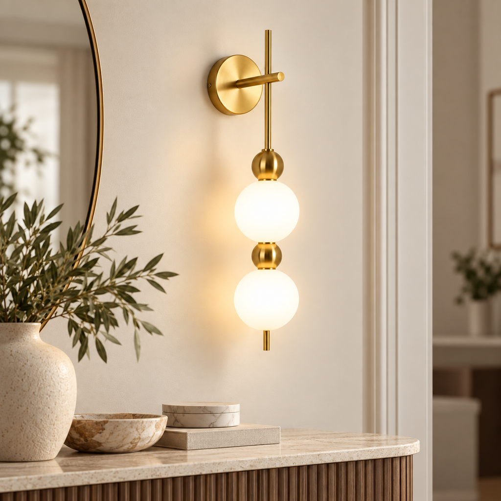 Applique murale globes opale cuivrée près d'une console