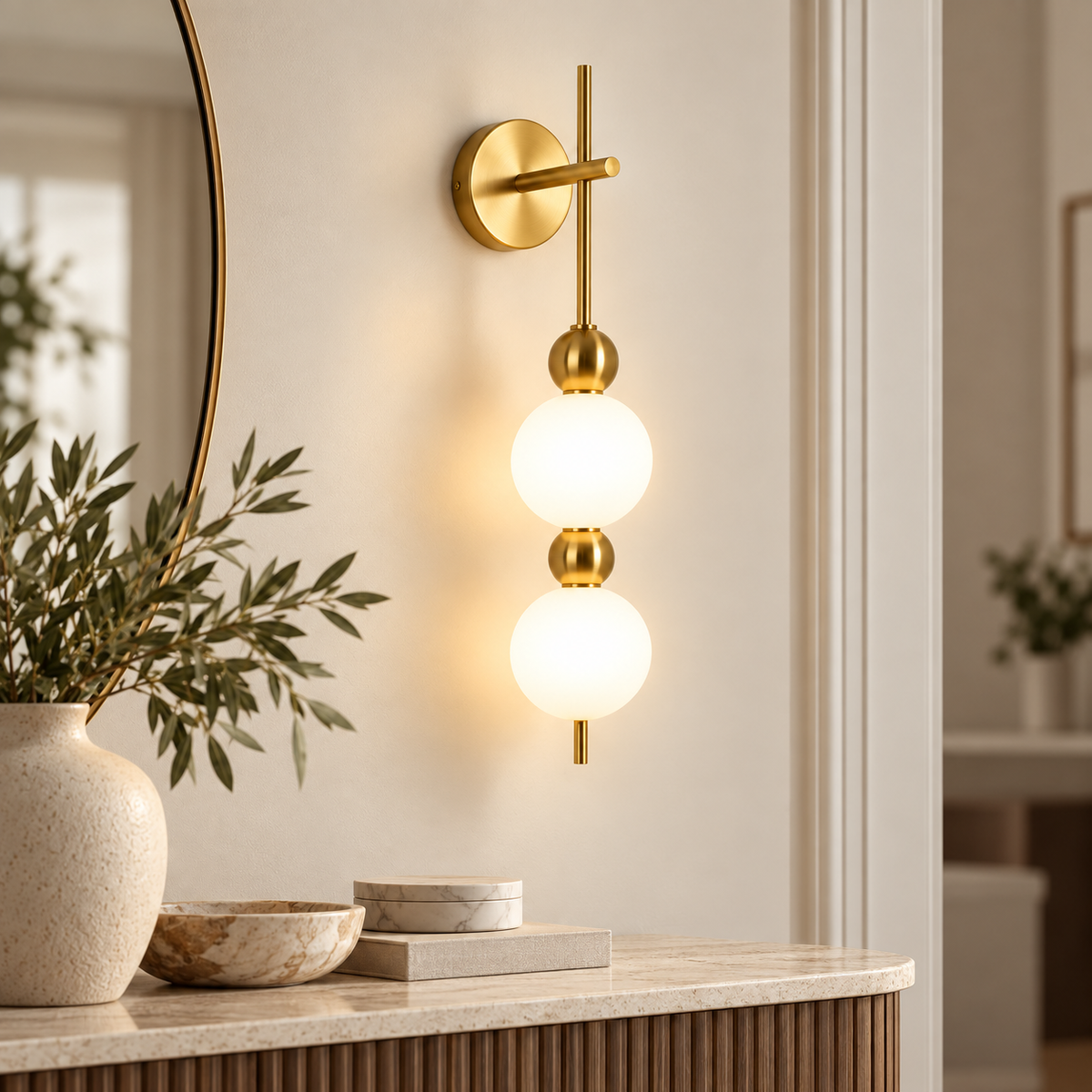 Applique murale globes opale cuivrée près d'une console