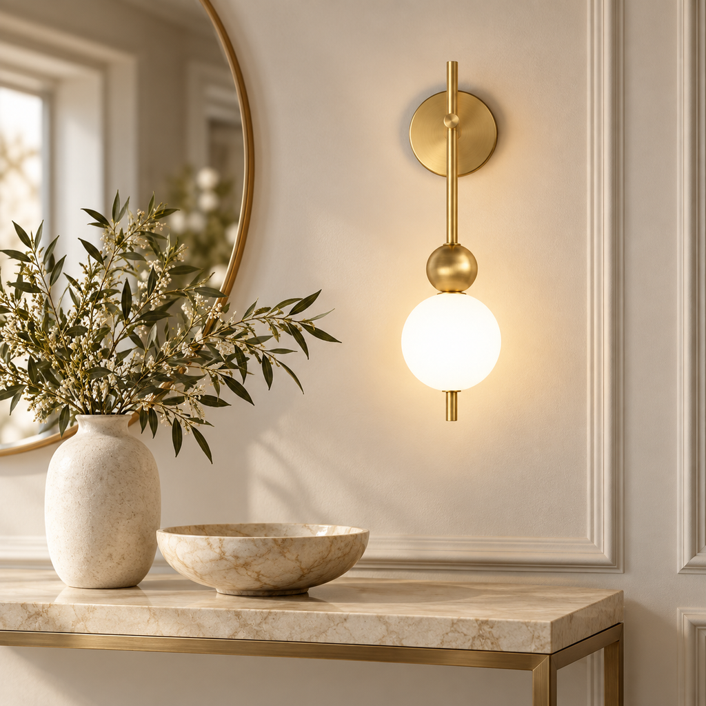 Applique murale globes opale cuivrée dans un intérieur lumineux