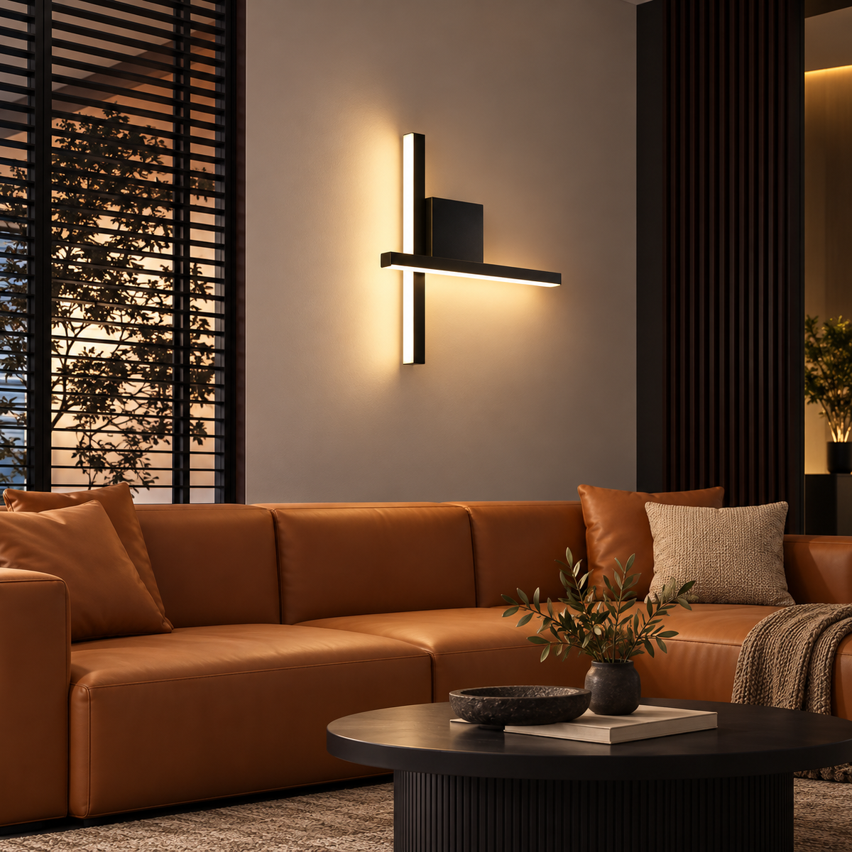 Applique murale lignes LED croisées noire dans un salon