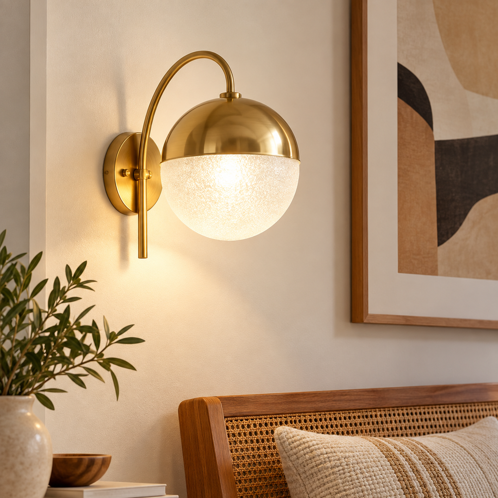 Applique murale globe effet bullé bras doré dans un coin déco