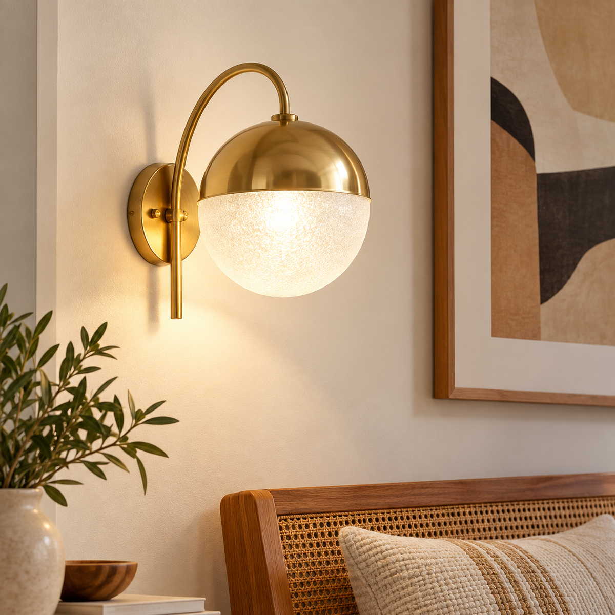 Applique murale globe effet bullé bras doré dans un coin déco
