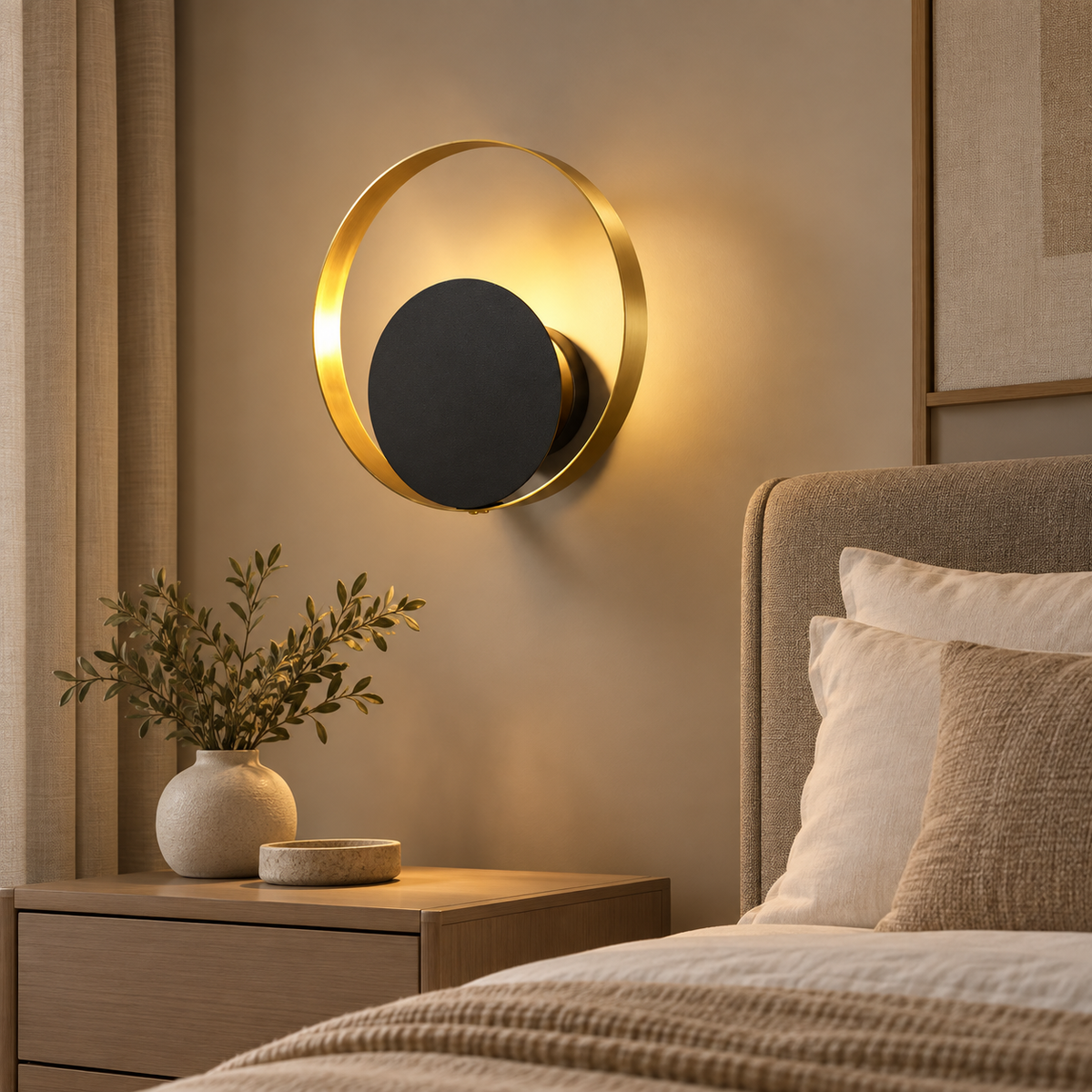 Applique murale cercle doré et disque noir dans une chambre