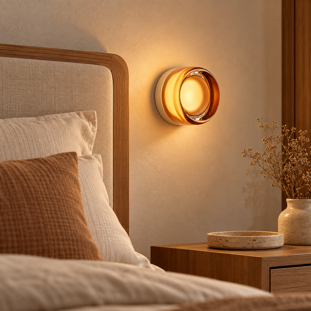 Applique murale cylindre teinté ambre dans une chambre
