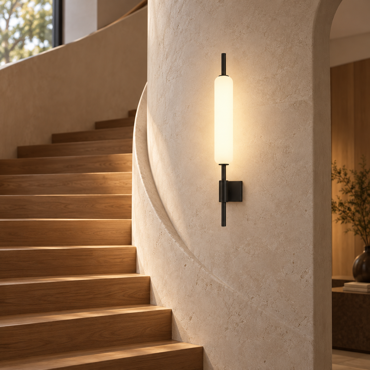 Applique murale tube opalin noire dans un escalier