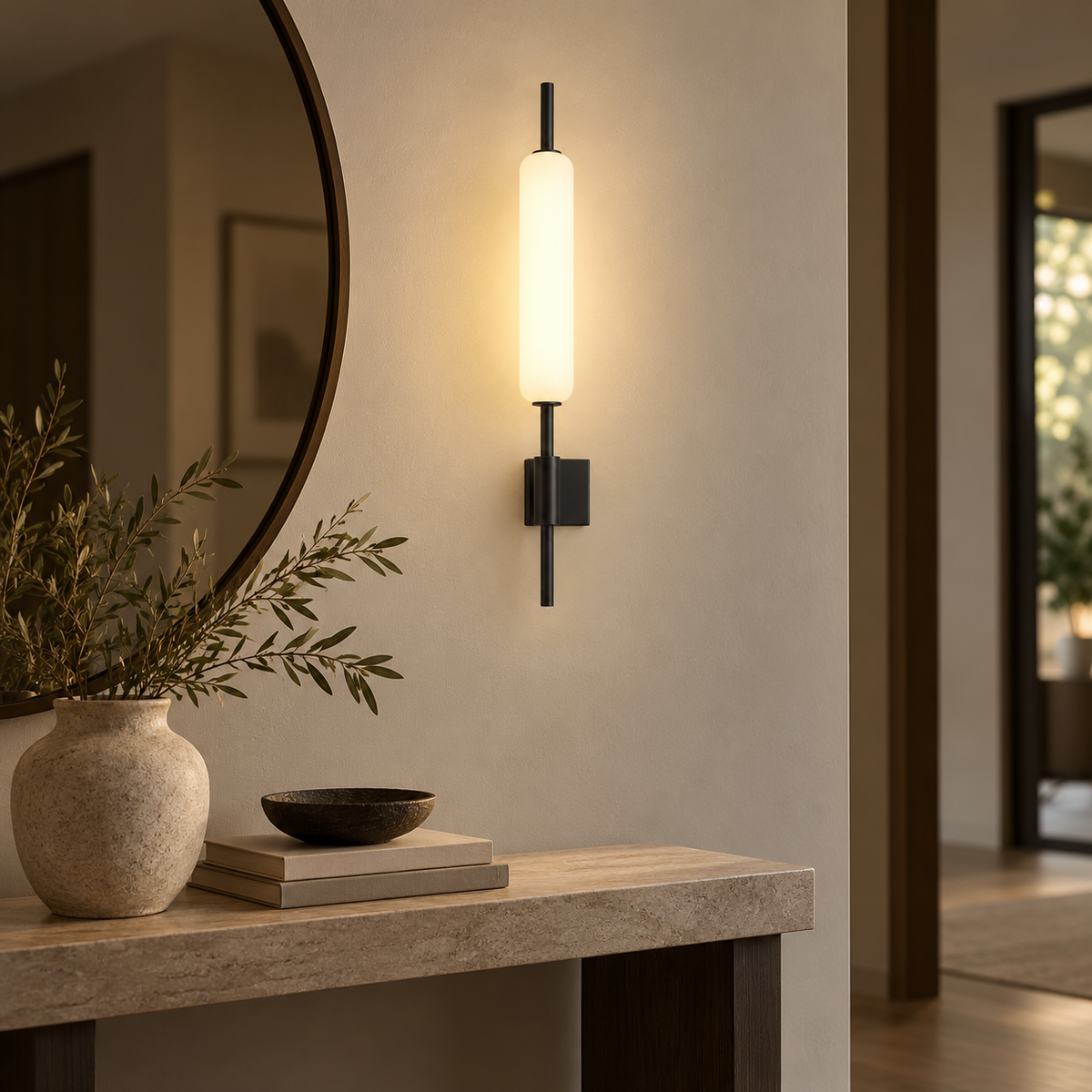 Applique murale tube opalin noire dans un salon