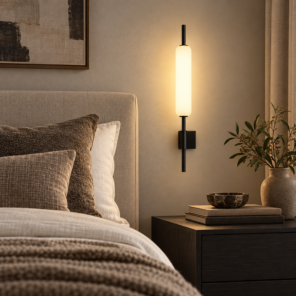 Applique murale tube opalin noire dans une chambre
