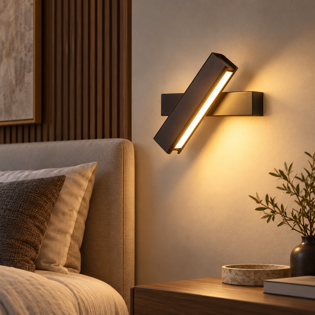 Applique liseuse orientable LED noire dans une chambre